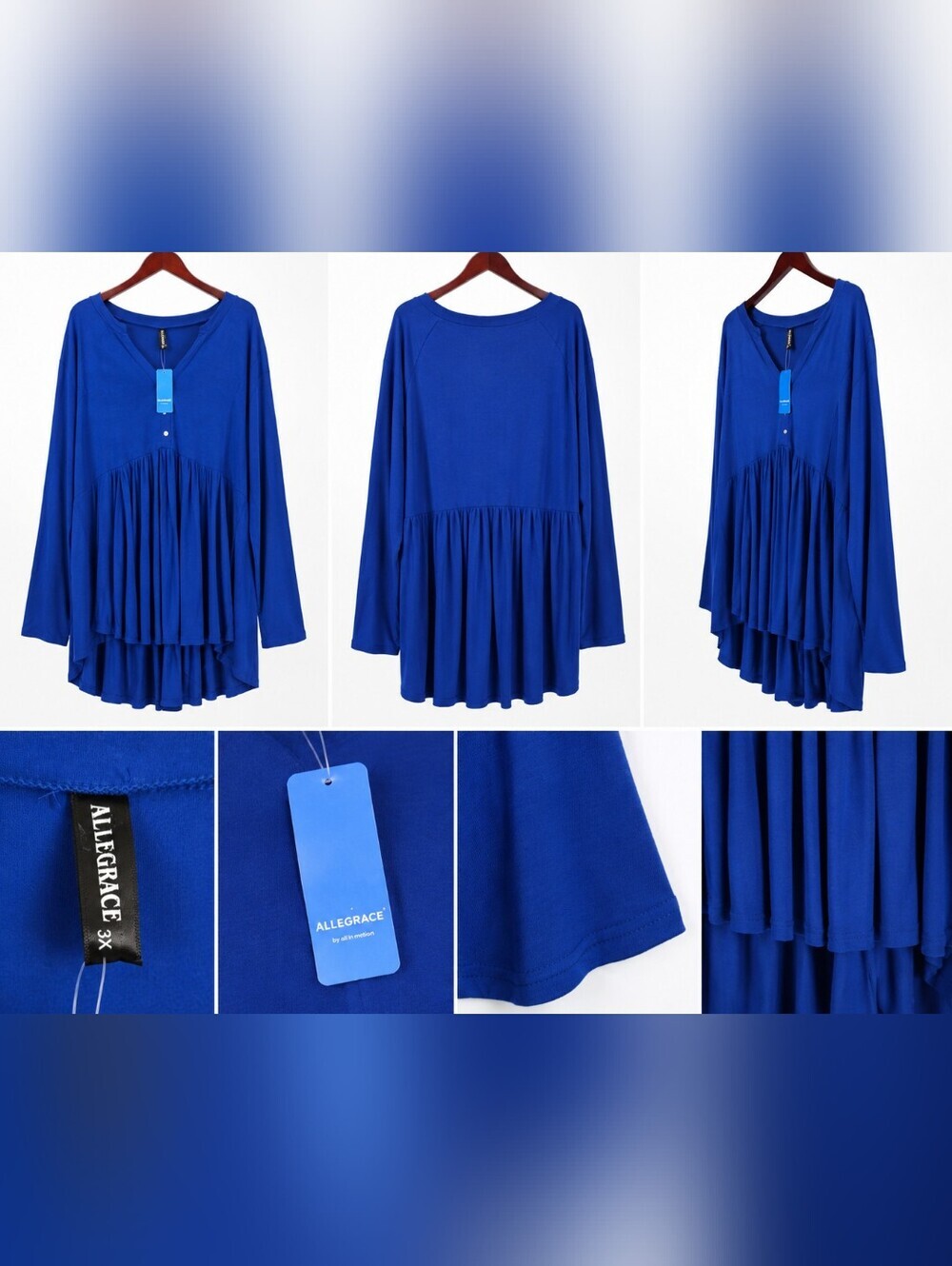 NWT Allegrace Womens 3X Royal Blue Babydoll Tunic Top Long Sleeve Plus Size.